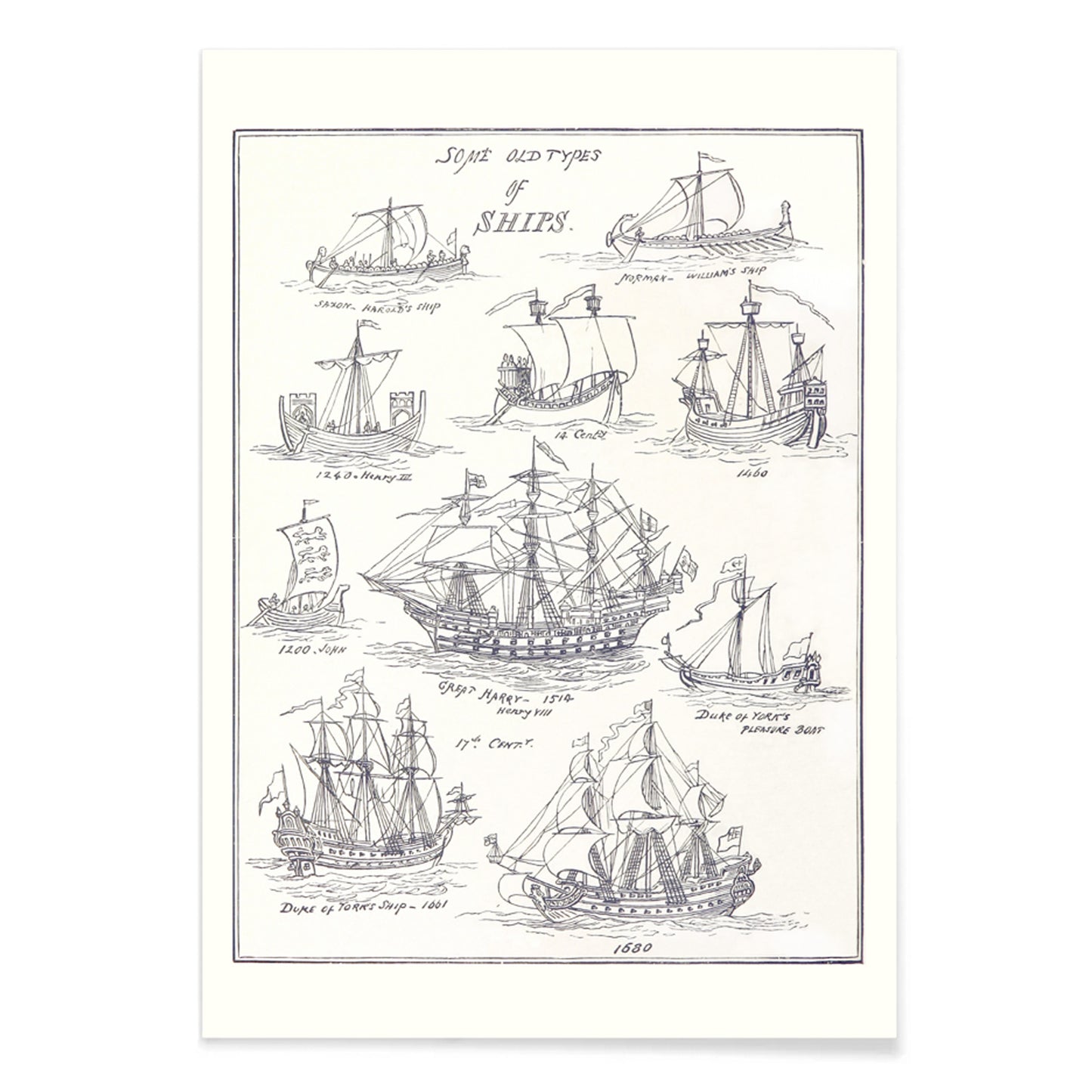 Historic ship illustrations and detailed pen sketches from Sea Pictures drawn with pen and pencil by James Macaulay, with black aluminium frame on white background