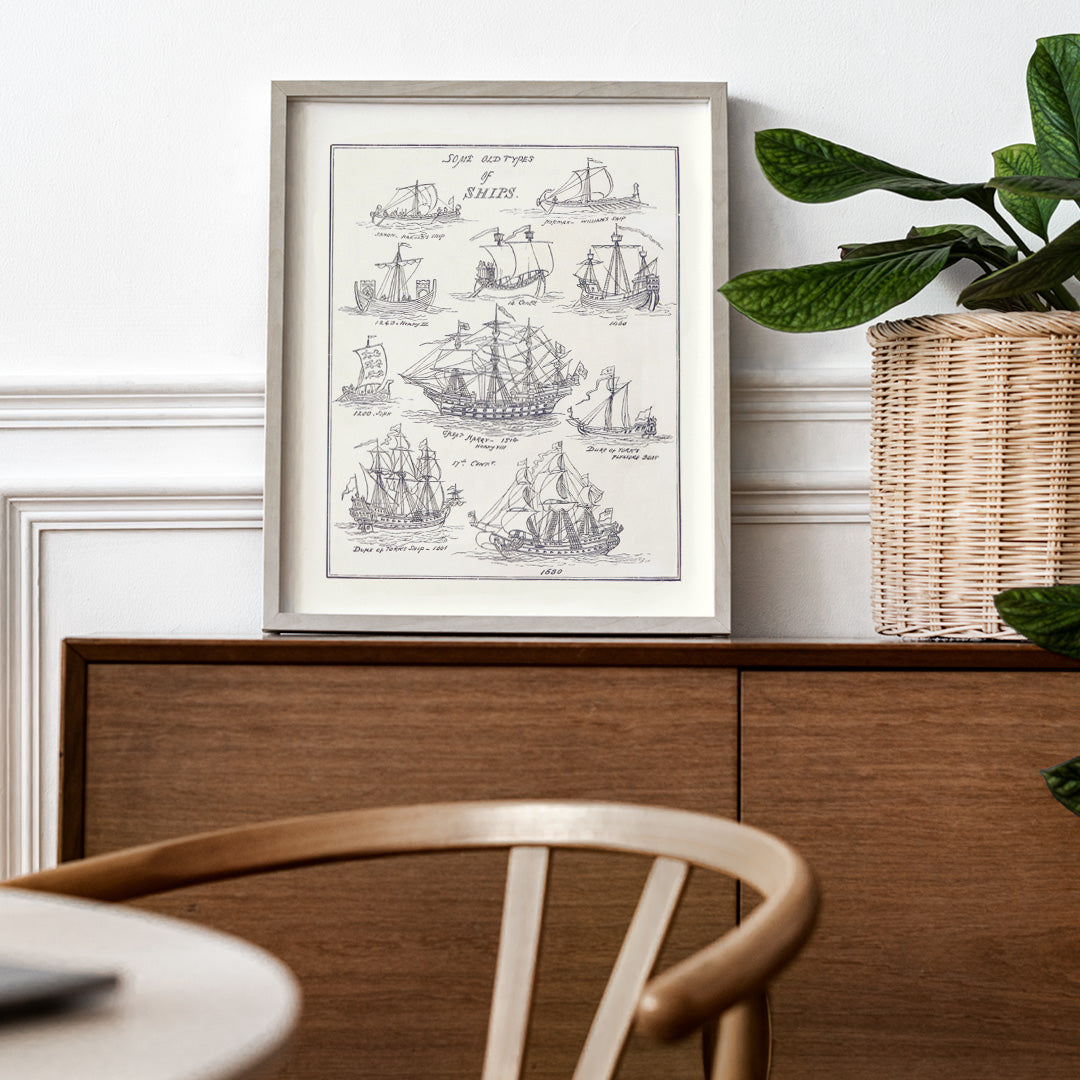 Historic ship illustrations and detailed pen sketches from Sea Pictures drawn with pen and pencil by James Macaulay, framed and displayed in home decor