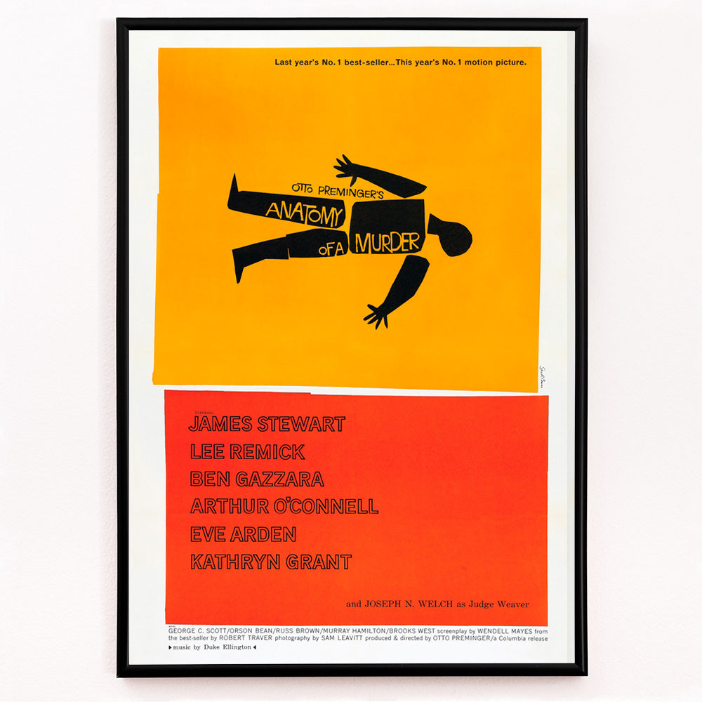 Closeup detail of Movie poster of Anatomy of a Murder by Saul Bass features a yellow and red design with a black silhouette of a body