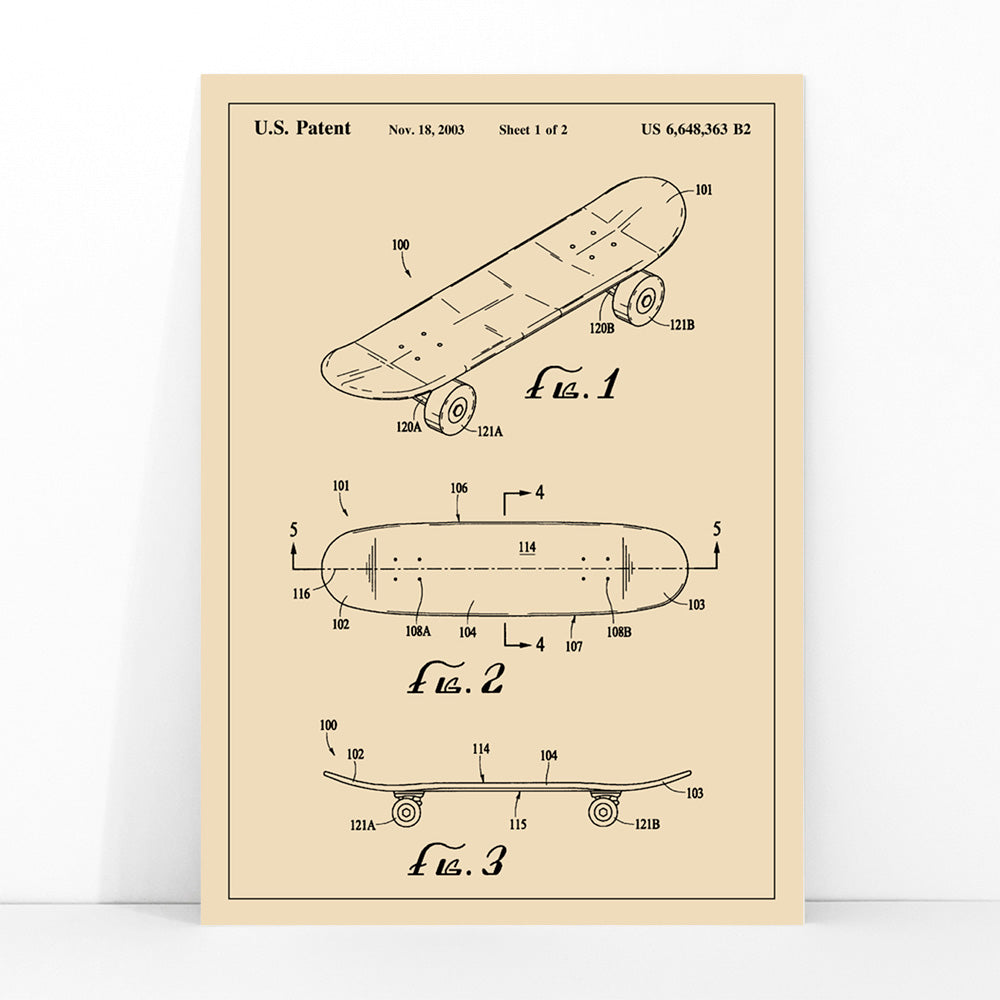 Skateboard patent drawing and technical poster by US Patents ideal wall art decor, framed and displayed in modern living room decor