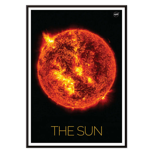 Fiery image of the Sun with solar flares by NASA poster featuring detailed solar activity, with black aluminium frame on white background
