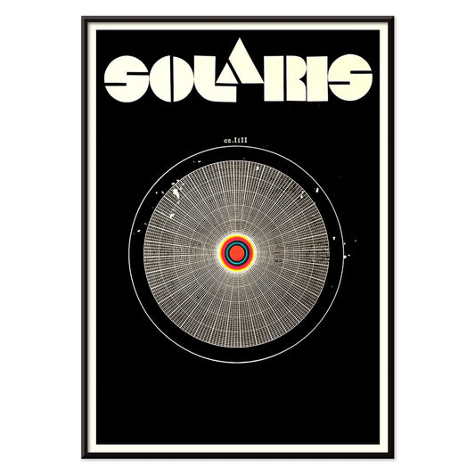 Solaris Movie Poster abstract cosmic and circular design with intricate vibrant patterns on black background by Daniela Narvaez and anonymous artist, with black aluminium frame on white background