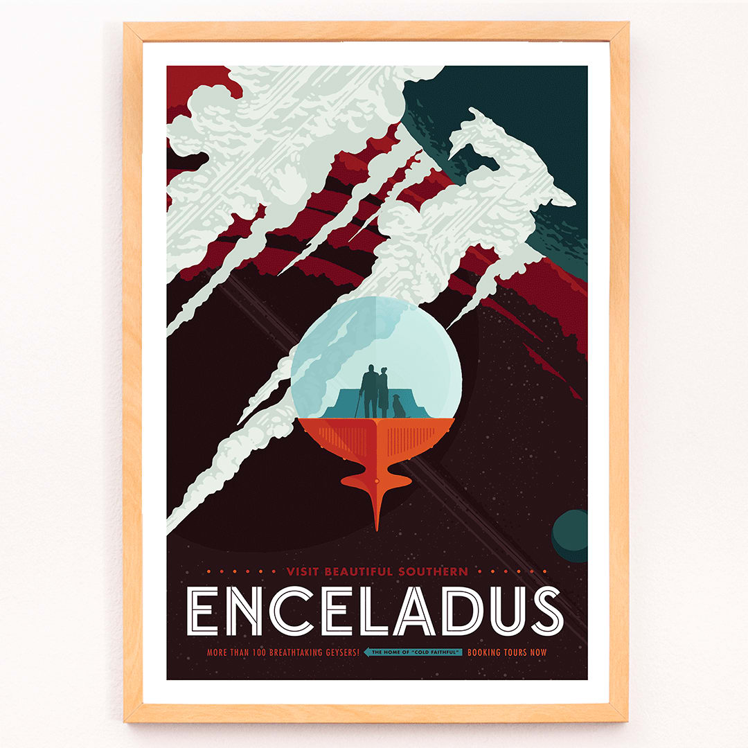 NASA retro space travel poster of Enceladus with tourists observing geysers and a futuristic space landscape, framed and displayed in modern living room decor