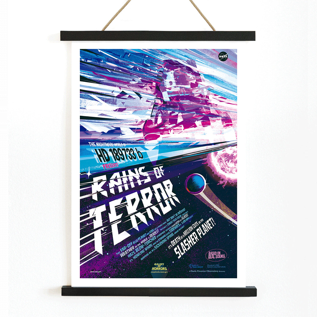 Colorful sci fi poster titled Rains of Terror by NASA featuring a dramatic alien storm scene vivid colors planets and dynamic space artwork, with wooden magnetic frame on white background