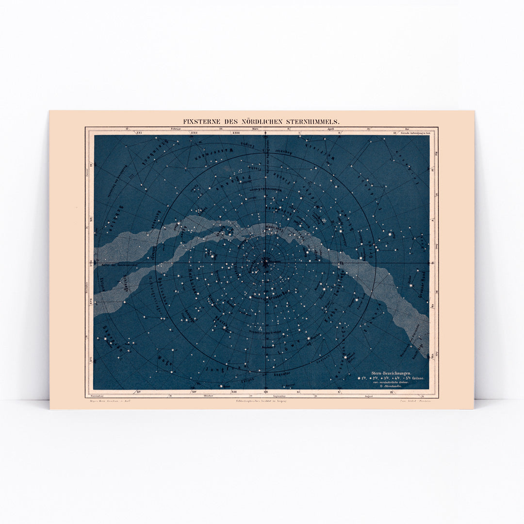 Star map of the Milky Way North Hemisphere by Institute of Liepzig featuring labeled constellations and celestial features, framed and displayed in modern living room decor