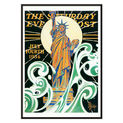 Colorful Statue of Liberty artwork with bold waves and sunburst by J C Leyendecker poster titled Statue of Liberty, with black aluminium frame on white background