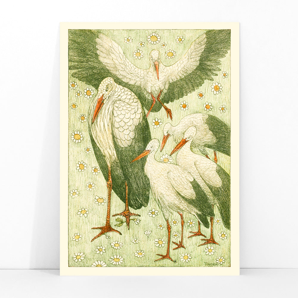 Five storks standing and flying among daisies and flowers in a meadow artwork by Theo van Hoytema poster, framed and displayed in modern living room decor