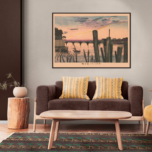 Scenic river sunset with wooden stakes and Ryogoku Bridge by Kobayashi Kiyochika Japanese art poster, framed and displayed in home decor