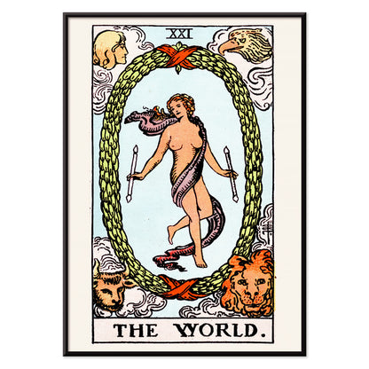 The World Tarot card by Rider Waite showing a central figure within an oval wreath surrounded by four figures representing the fixed signs, with black aluminium frame on white background