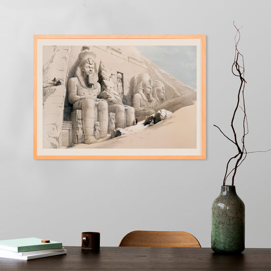 Ancient Egyptian temple with colossal statues at Abu Simbel by David Roberts poster featuring The Great Temple and ancient Egyptian architecture, framed and displayed in home decor