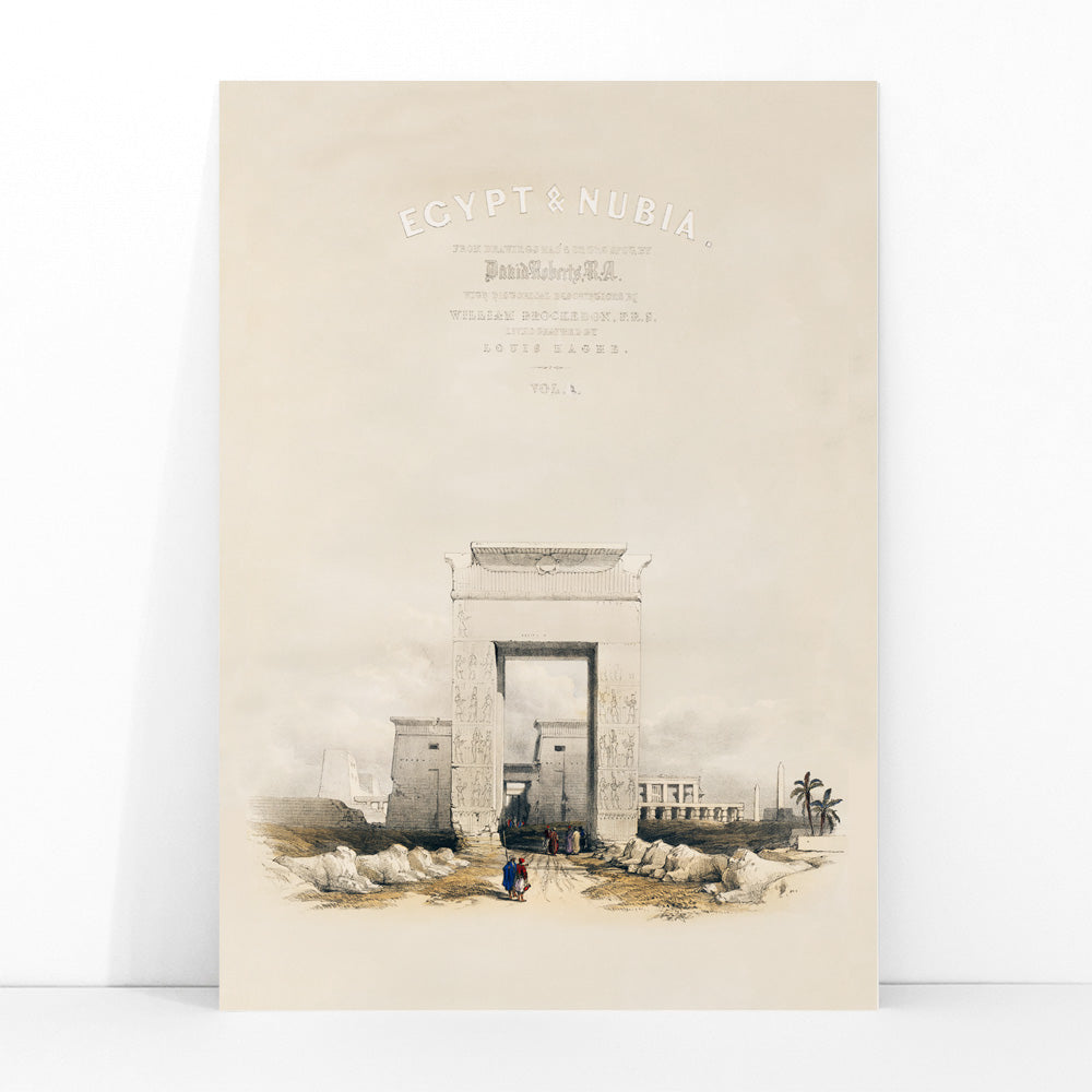 Ancient Egyptian gateway and Great gateway at Temple of Karnak Thebes with hieroglyphs people and ruins artwork by David Roberts, framed and displayed in modern living room decor