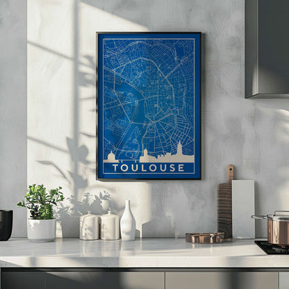 Blue and white minimalist map of Toulouse poster with white building silhouettes at the bottom modern wall art titled Minimalist Toulouse Map, framed and displayed in home decor