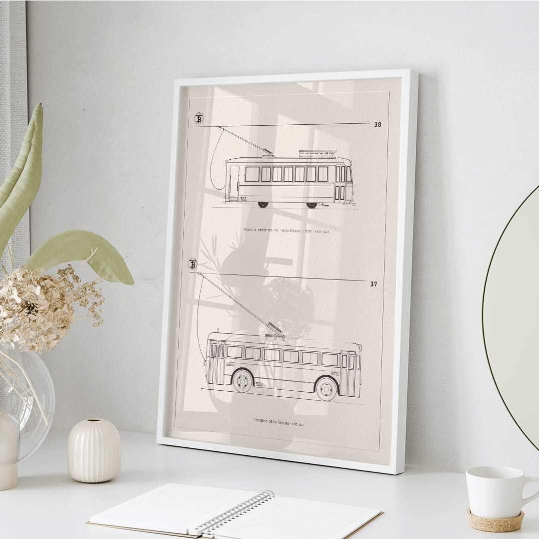 Technical drawings poster of tram Tranvia Serie 701 712 and trolleybus Trolebus Serie 550 589 by Maquitrans, framed and displayed in home decor