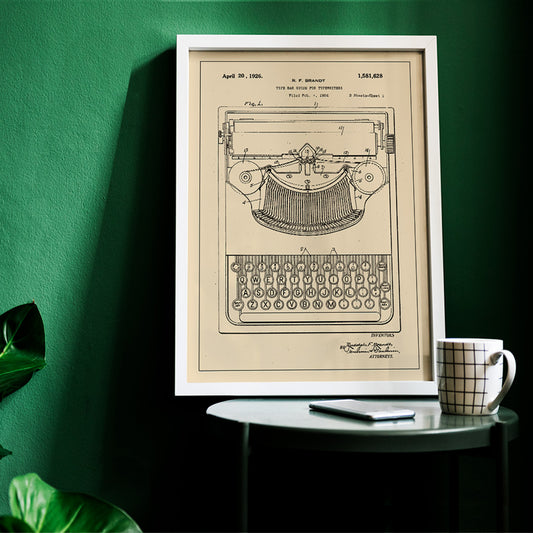 Vintage typewriter patent illustration by R F Brandt with technical details and drawing, framed and displayed in home decor