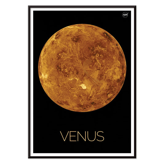 Planet Venus illustration and poster by NASA showing a detailed orange and brown view of the planet on a black background, with black aluminium frame on white background