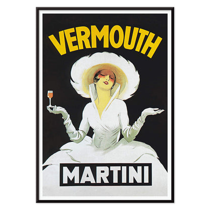 Vermouth Martini by Marcello Dudovich vintage poster art featuring an elegant woman in white holding a glass against a black background, with black aluminium frame on white background