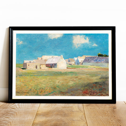 Breton Village by Odilon Redon rural landscape poster with houses blue sky and open grassy fields, framed and displayed in home decor