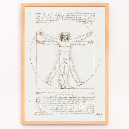 Closeup detail of Vitruvian Man by Leonardo da Vinci human figure anatomical study with outstretched arms and legs inside circle and square geometric shapes artwork poster