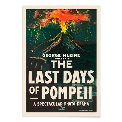 Dramatic volcanic eruption movie poster with bold text for The Last Days of Pompeii by H C Miner Litho Co, with black aluminium frame on white background