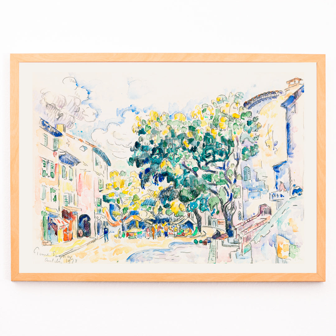 Closeup detail of Colorful town square and vibrant street scene in Antibes with trees and buildings by Paul Signac poster