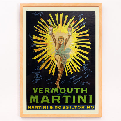 Closeup detail of Vintage advertising poster of Vermouth Martini by Leonetto Cappiello featuring a vibrant figure holding bottles with yellow rays burst in the background