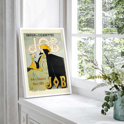 Elegant woman in fashionable attire smoking cigarette vintage art nouveau poster by Jane Atche Papier A Cigarettes Job, framed and displayed in home decor