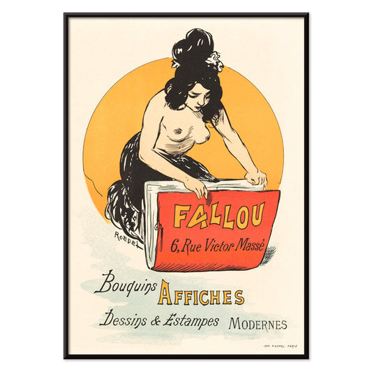 Vintage poster for book and print shop Fallou in Paris by Auguste Roedel featuring a woman with dark hair reading a large red book and holding a colorful book, with black aluminium frame on white background