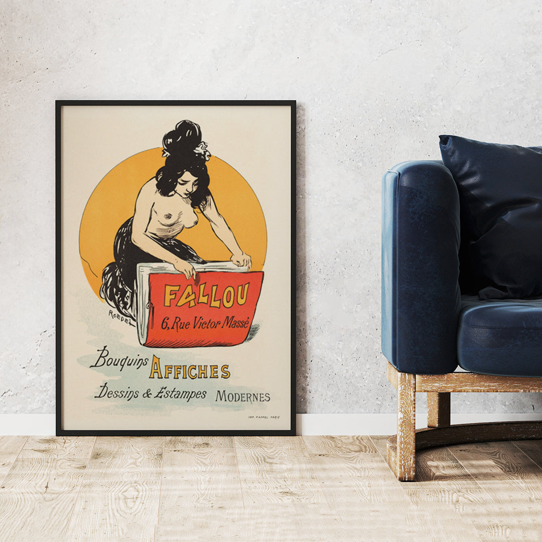 Vintage poster for book and print shop Fallou in Paris by Auguste Roedel featuring a woman with dark hair reading a large red book and holding a colorful book, framed and displayed in home decor