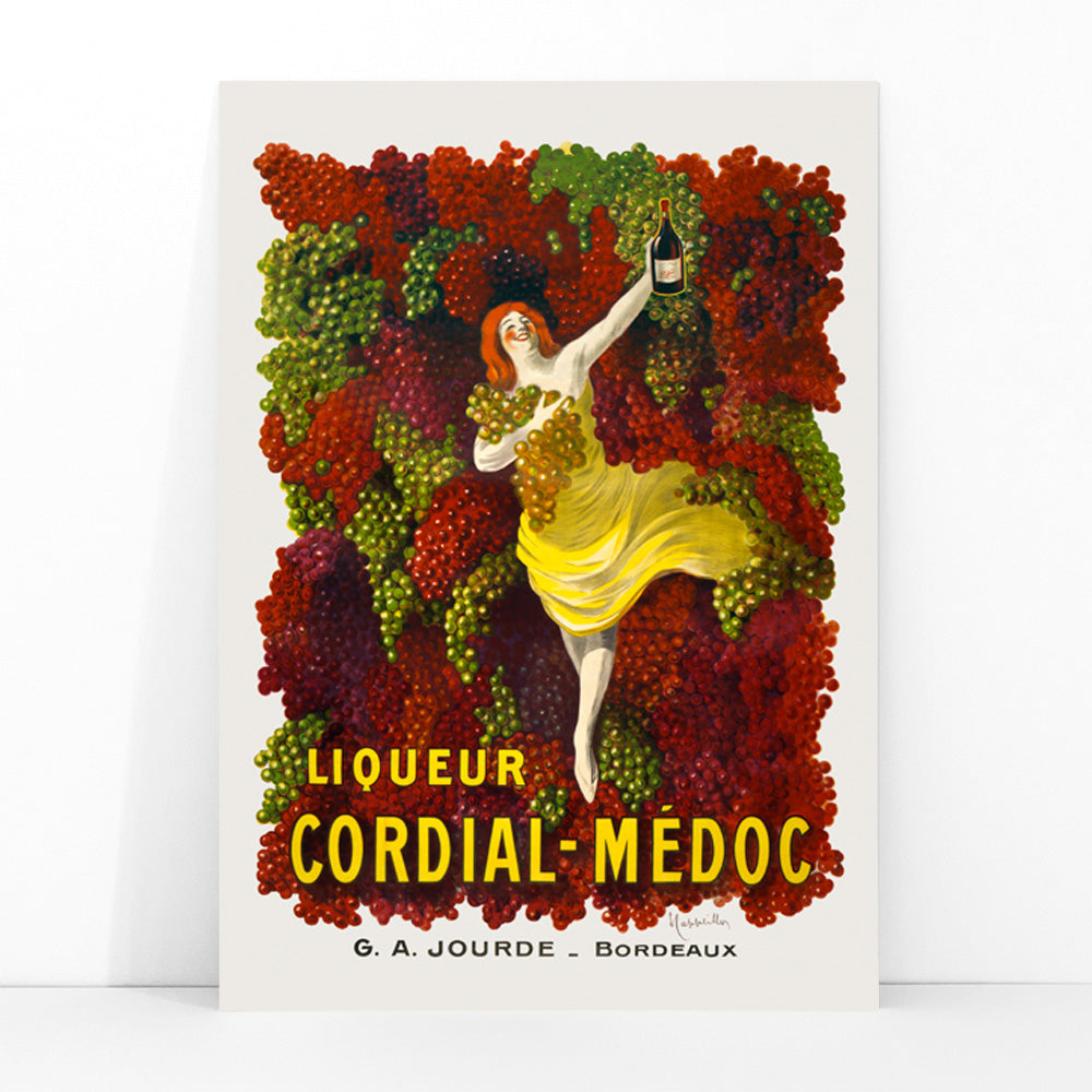 Liquor Cordial-Médoc poster by Leonetto Cappiello showing a woman in a yellow dress surrounded by colorful grapes holding a bottle, framed and displayed in modern living room decor