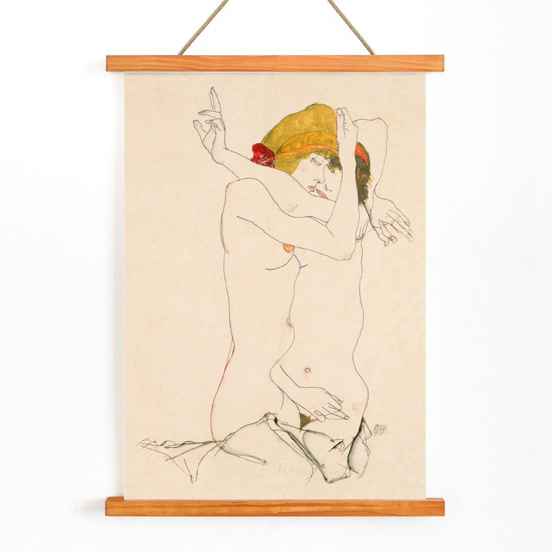 Two Women Embracing by Egon Schiele expressive artwork poster featuring two nude women in an intimate pose, with wooden magnetic frame on white background