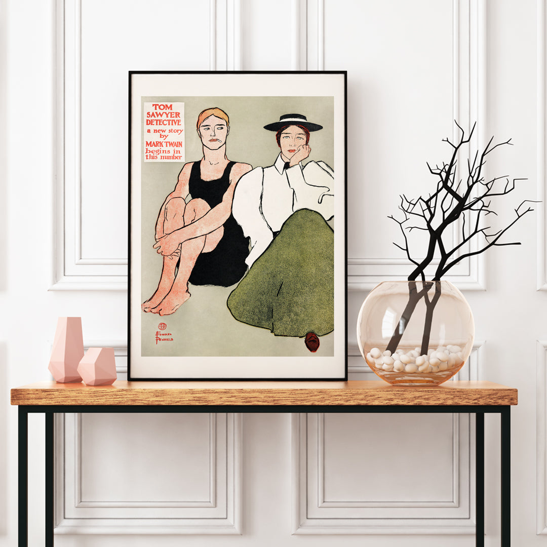 Two women in vintage clothing seated together in an illustration by Edward Penfield titled Two Seated Women poster, framed and displayed in home decor