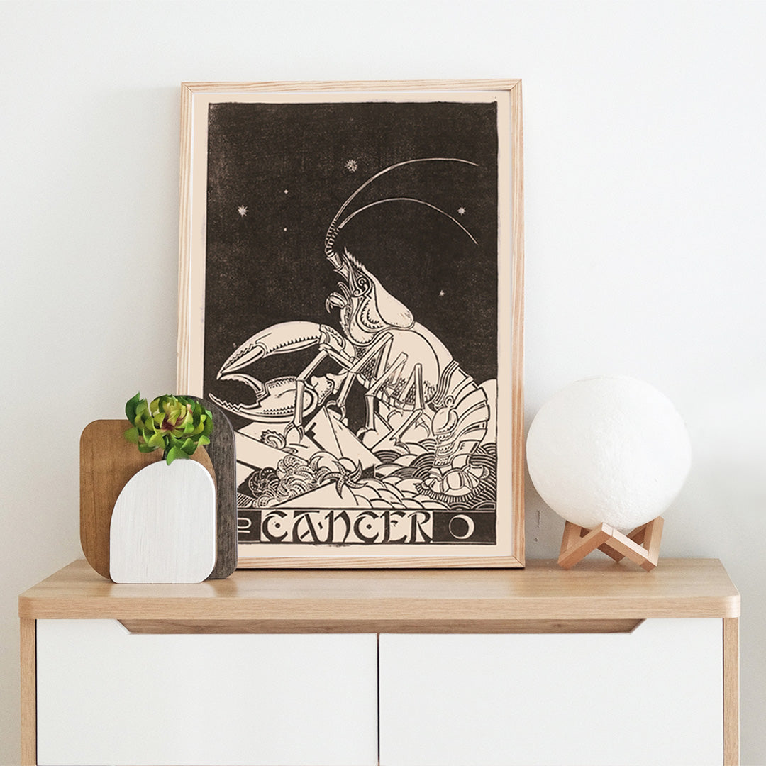 Artistic illustration and poster of Cancer zodiac sign with crab under stars by Henri van der Stok, framed and displayed in home decor